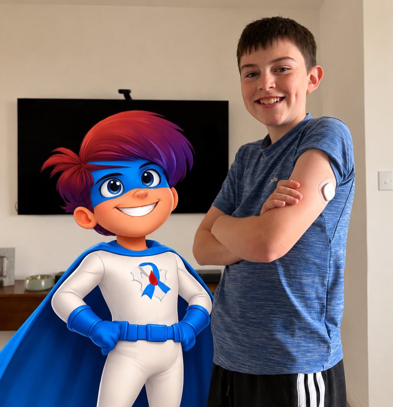 Max standing next to Captain Lantus, wearing his CGM sensor